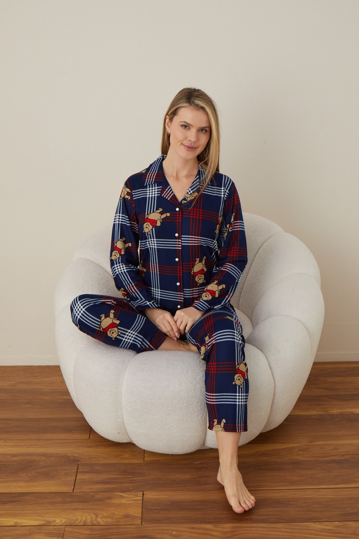 Önden Düğmeli Kadın Pijama Takımı Süet Kumaş LACİVERT-XL