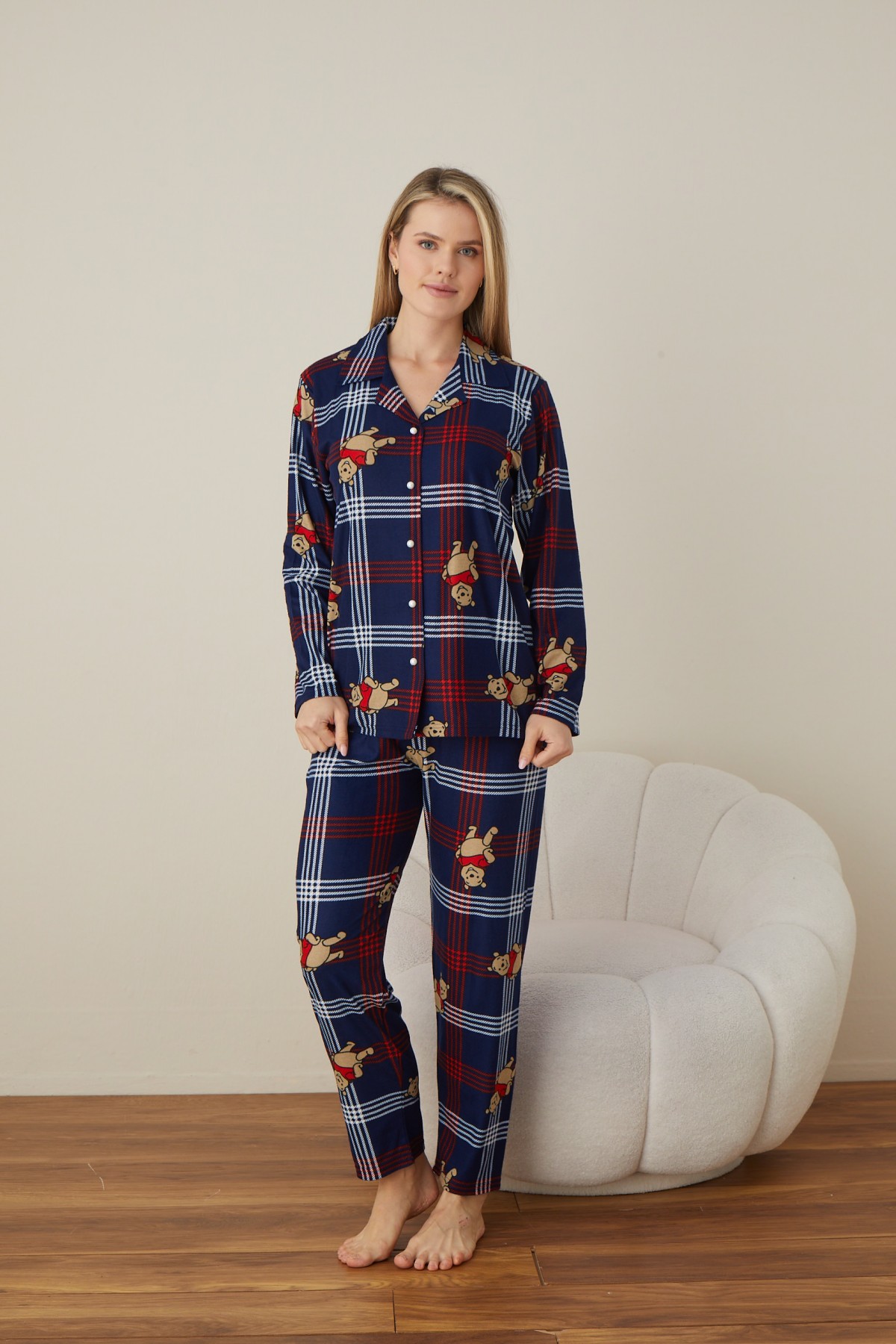 Önden Düğmeli Kadın Pijama Takımı Süet Kumaş LACİVERT-XL