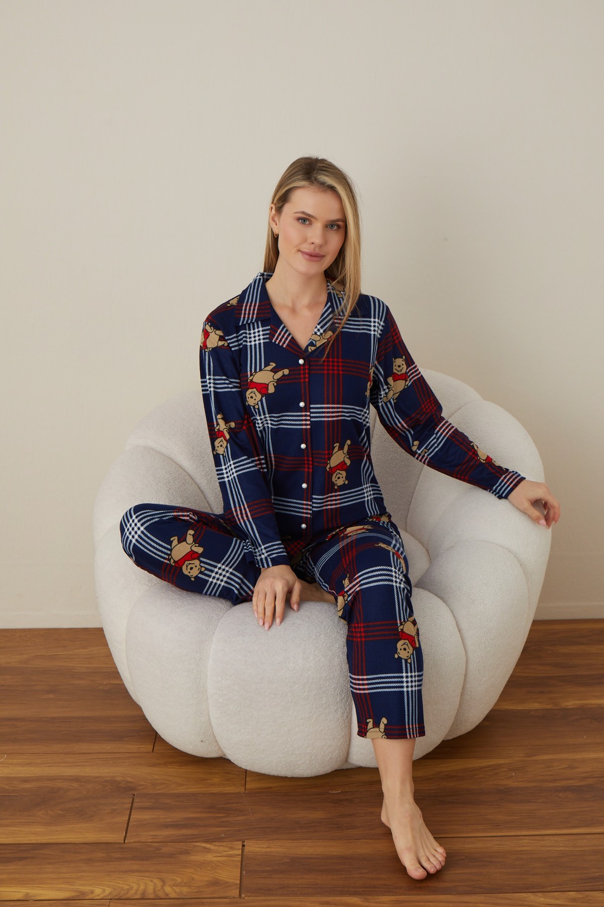 Önden Düğmeli Kadın Pijama Takımı Süet Kumaş LACİVERT-XL