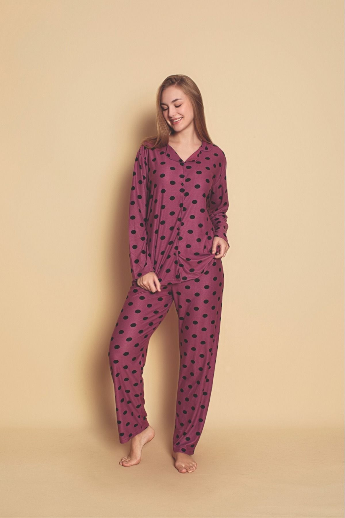 Önden Düğmeli Kadın Pijama Takımı Süet Kumaş