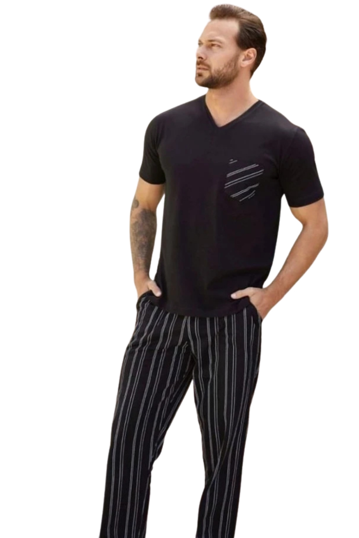  Pamuk Erkek V Yaka Yazlık Penye Pijama Takım SİYAH-S