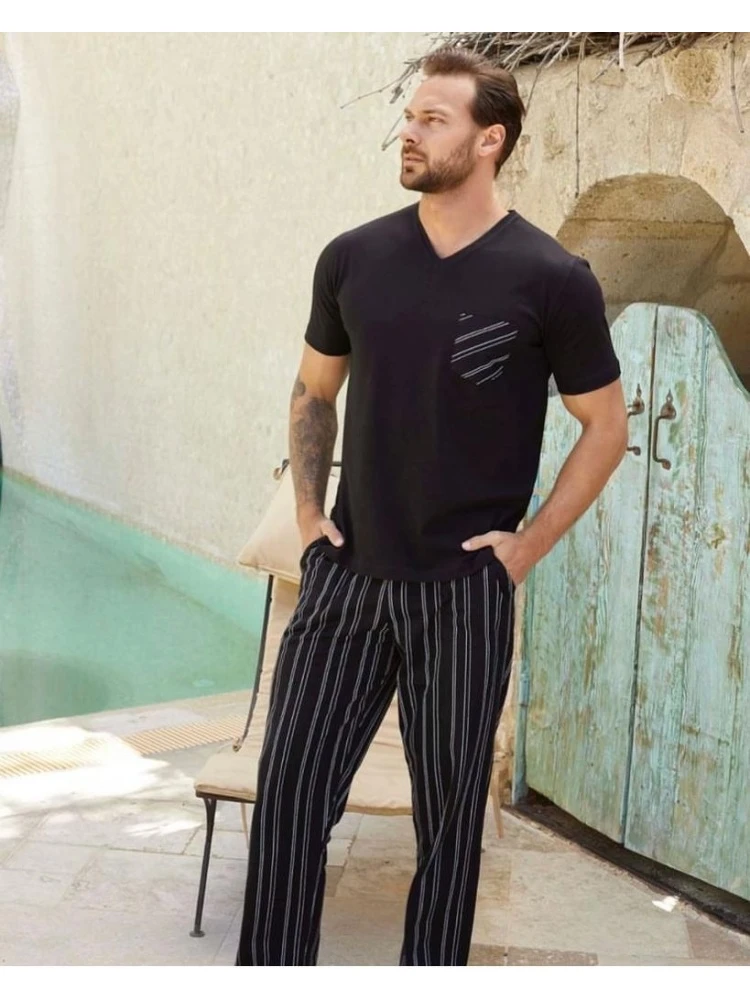  Pamuk Erkek V Yaka Yazlık Penye Pijama Takım SİYAH-S