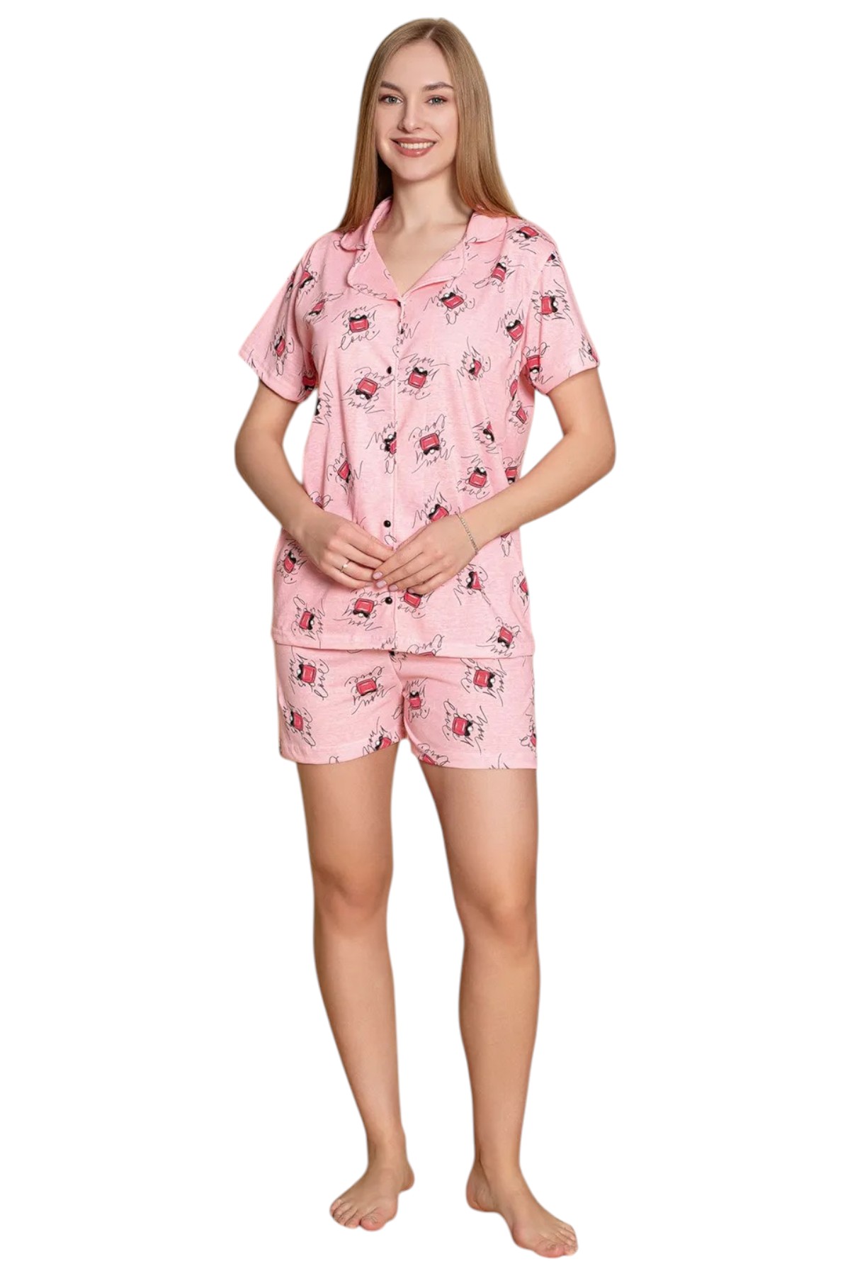 Kadın Önden Düğmeli Şortlu Yazlık Pijama Takımı