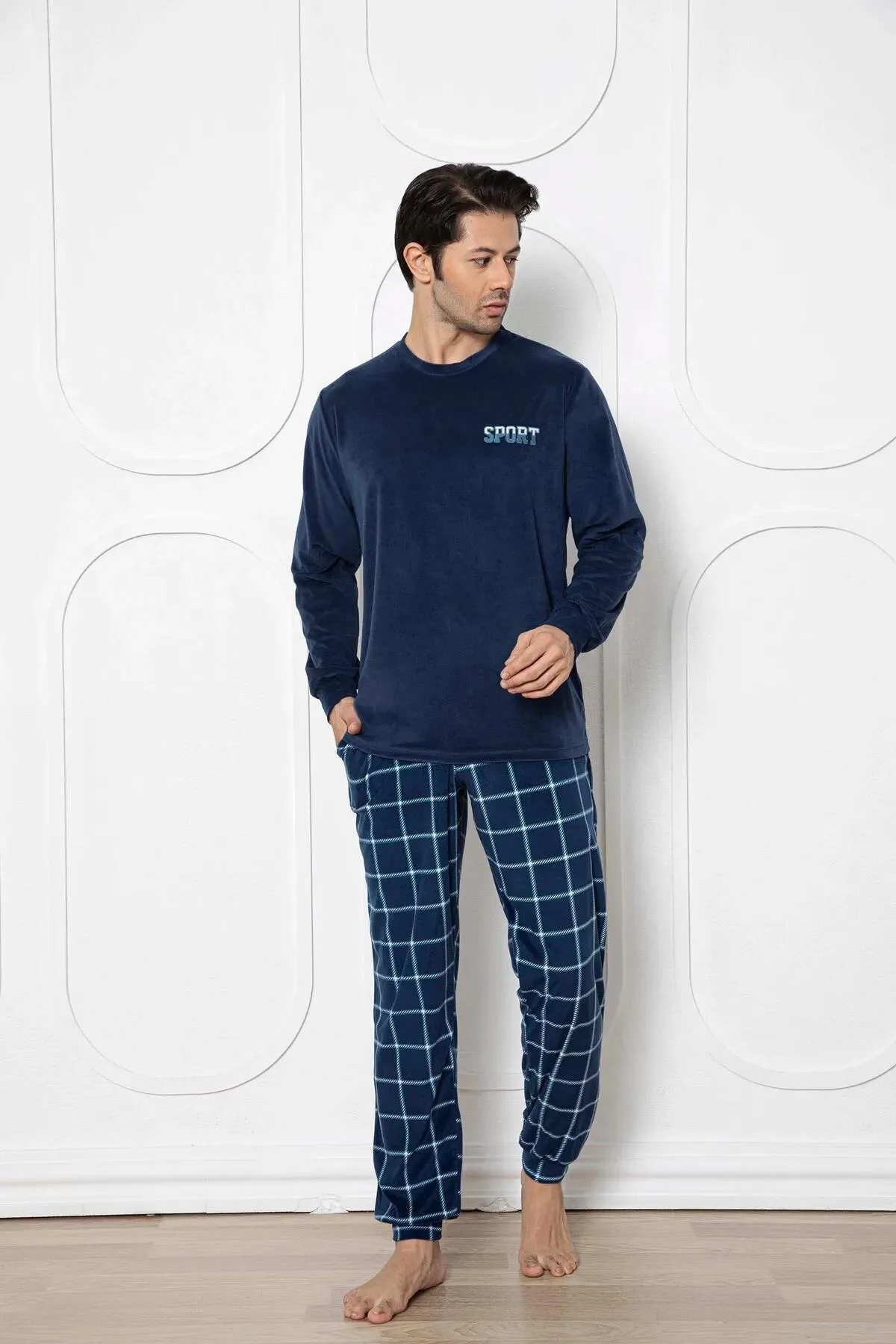 Aydoğan Lacivert Erkek Kadife Kışlık Pijama Takımı Bisiklet Yaka Uzun Kol