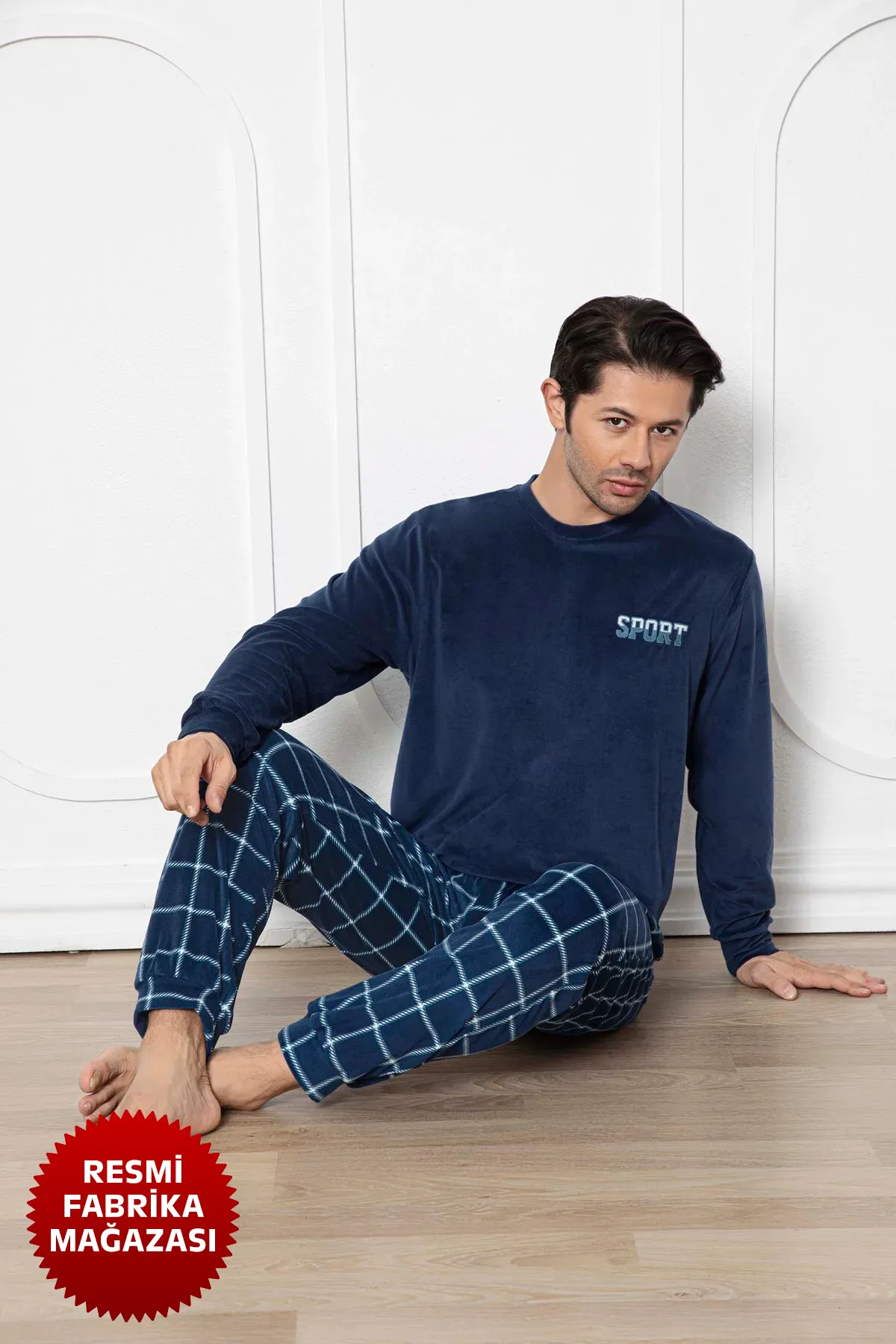 Aydoğan Lacivert Erkek Kadife Kışlık Pijama Takımı Bisiklet Yaka Uzun Kol LACİVERT-M
