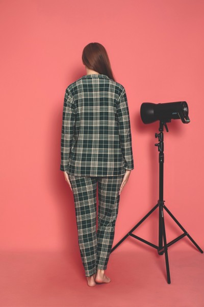 Ekose Önden Düğmeli Kadın Pijama Takımı Süet Kumaş HAKİ-M