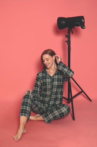Ekose Önden Düğmeli Kadın Pijama Takımı Süet Kumaş HAKİ-M