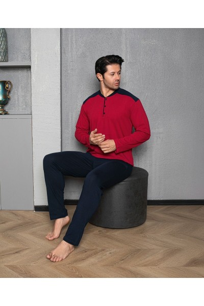 Erkek 4 Mevsim Erkek Pijama Takımı Düğmeli Yaka KOYU KIRMIZI-2XL