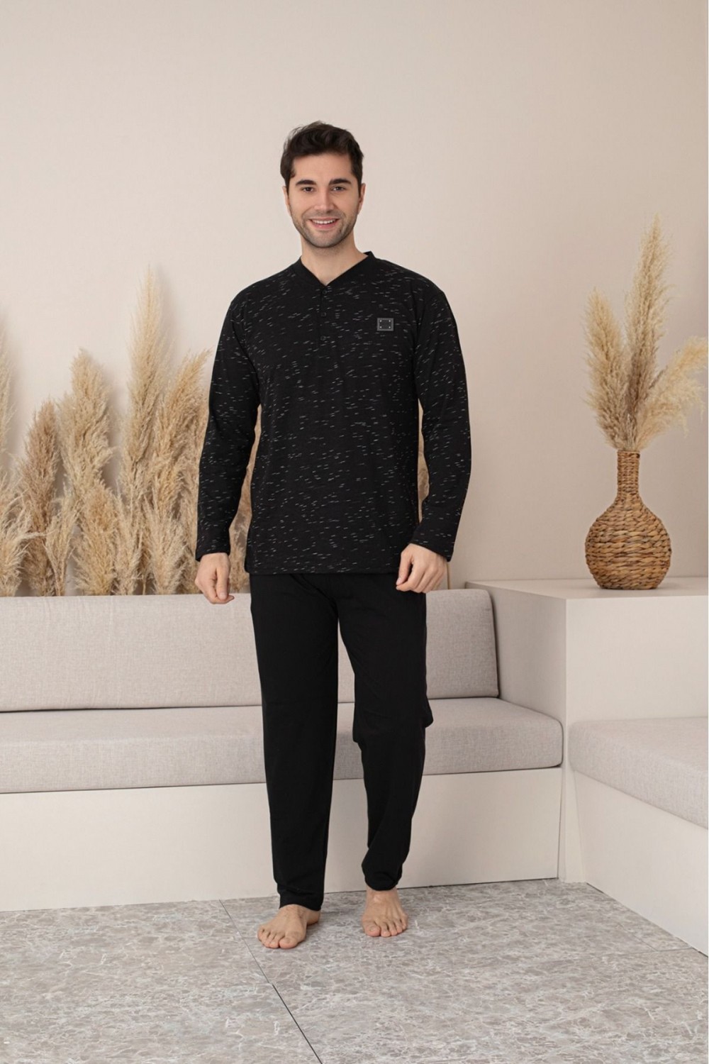 Erkek 4 Mevsim Erkek Pijama Takımı Düğmeli Yaka