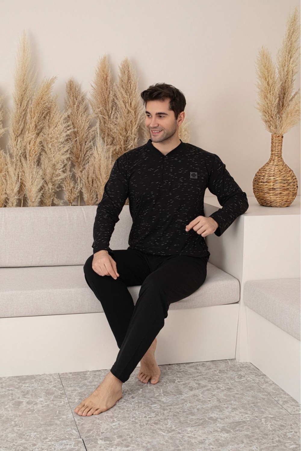 Erkek 4 Mevsim Erkek Pijama Takımı Düğmeli Yaka