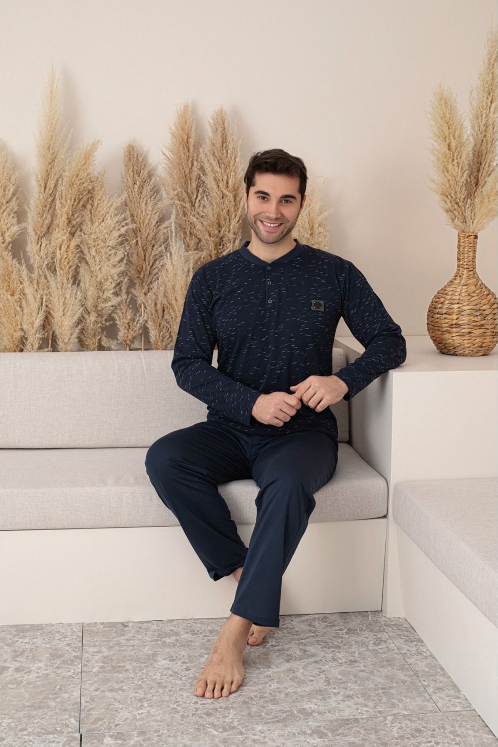 Erkek 4 Mevsim Erkek Pijama Takımı Düğmeli Yaka