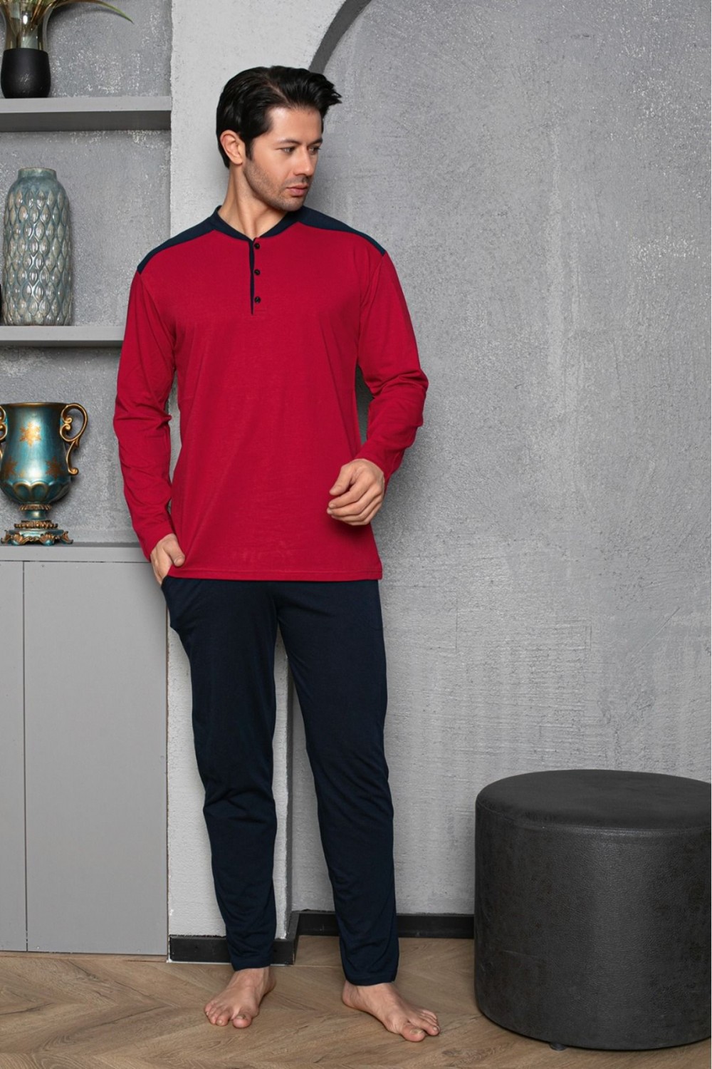 Erkek 4 Mevsim Erkek Pijama Takımı Düğmeli Yaka