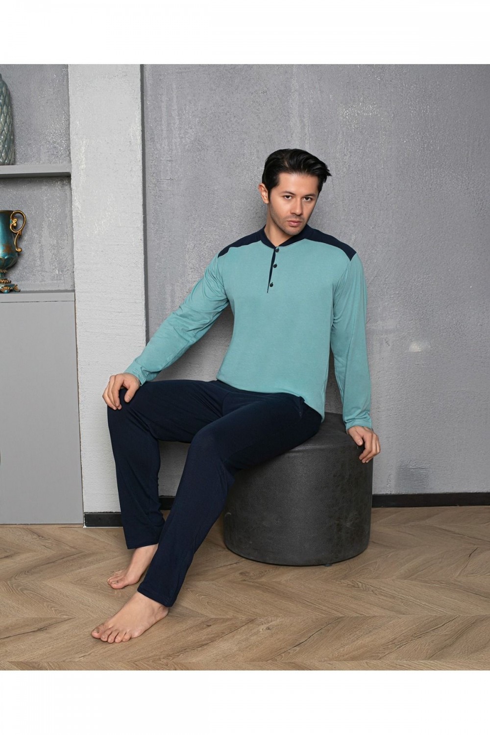 Erkek 4 Mevsim Erkek Pijama Takımı Düğmeli Yaka