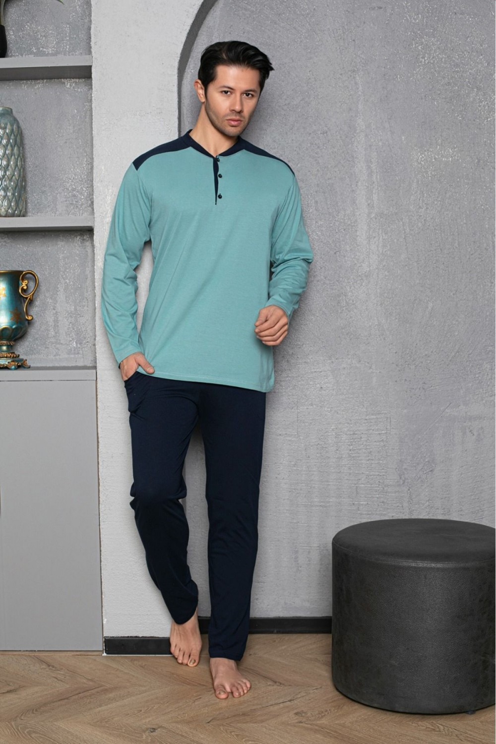 Erkek 4 Mevsim Erkek Pijama Takımı Düğmeli Yaka