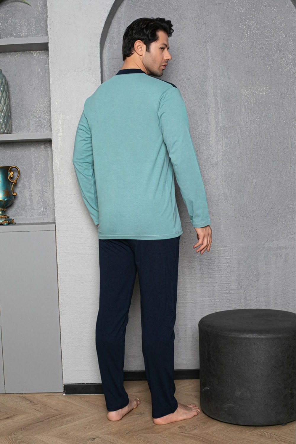 Erkek 4 Mevsim Erkek Pijama Takımı Düğmeli Yaka