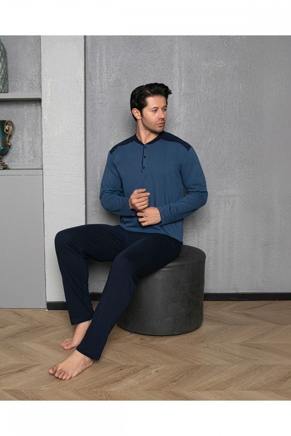 Erkek 4 Mevsim Erkek Pijama Takımı Düğmeli Yaka