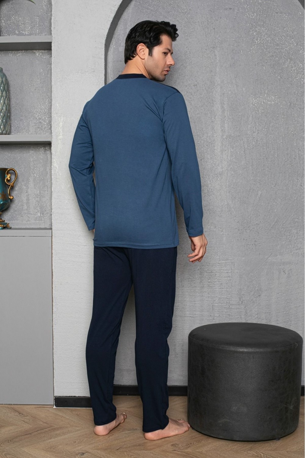 Erkek 4 Mevsim Erkek Pijama Takımı Düğmeli Yaka