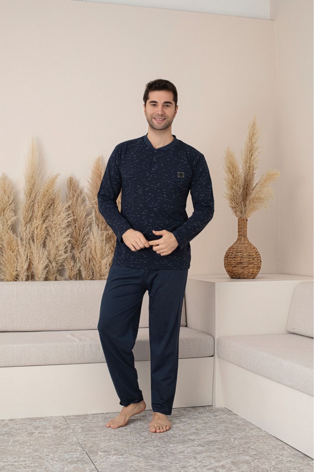 Erkek 4 Mevsim Erkek Pijama Takımı Düğmeli Yaka