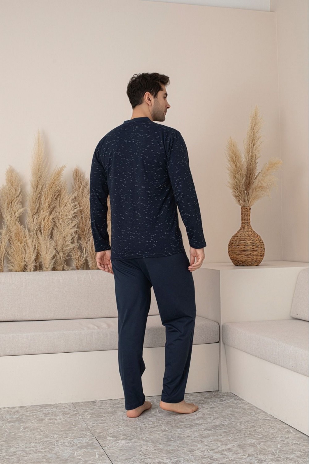 Erkek 4 Mevsim Erkek Pijama Takımı Düğmeli Yaka