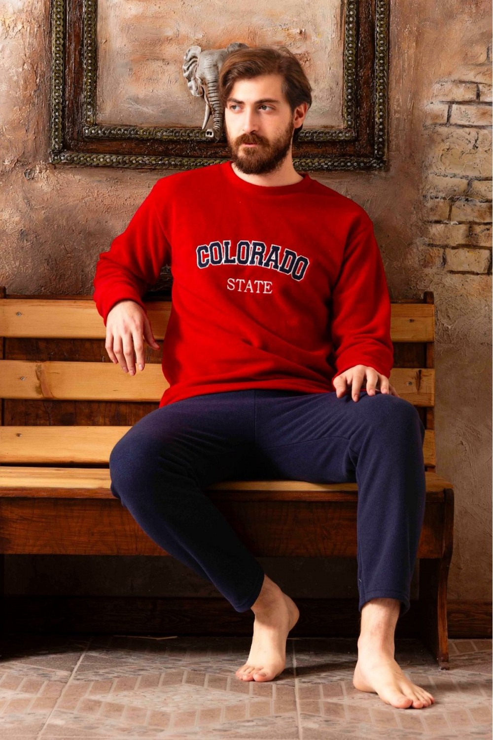 Erkek Bordo Lacivert kombin Uzun Kollu Polar Peluş Kışlık Sıcak Tutan Pijama Takımı