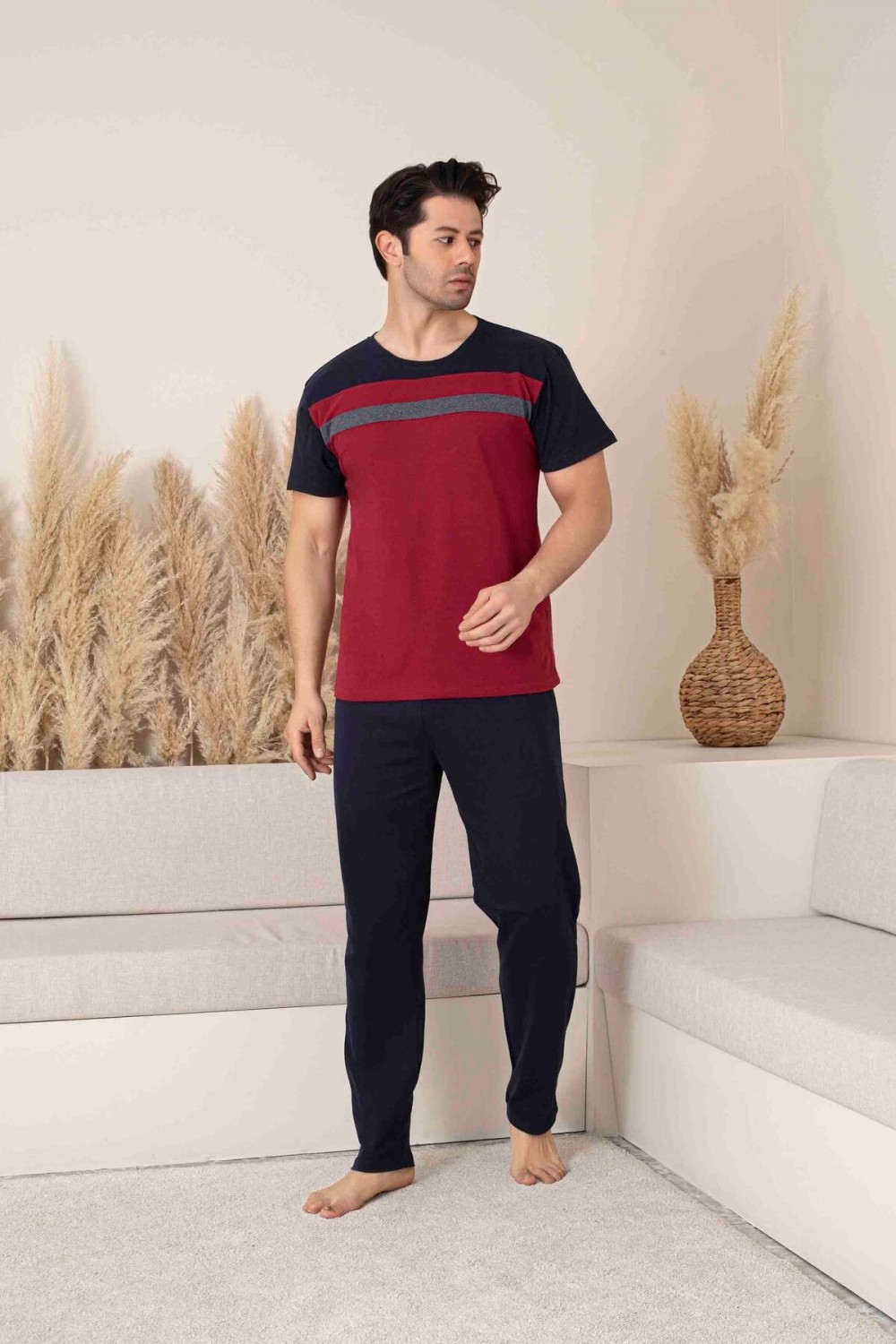 Erkek Bordo Parçalı Kısa Kollu Altı Uzun Penye Örme Kumaş Yazlık Pijama Takımı