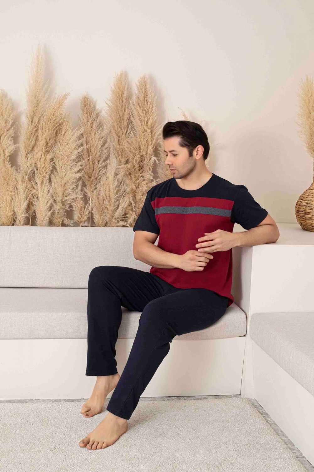 Erkek Bordo Parçalı Kısa Kollu Altı Uzun Penye Örme Kumaş Yazlık Pijama Takımı