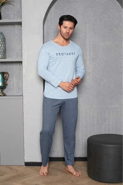 Erkek Coton Pamuk Uzun Kol Pijama Takımı Mevsimlik Ürün AÇIK MAVİ-XL