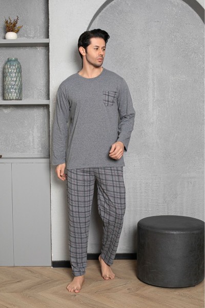Erkek Coton Pamuk Uzun Kol Pijama Takımı Mevsimlik Ürün GRİ EKOSE-2XL