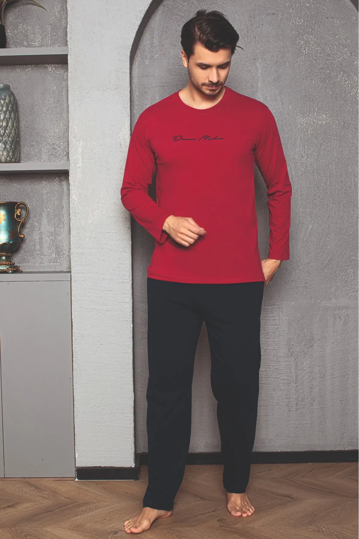 Erkek Cotton Bisiklet Yaka Önü Baskılı Pijama Takımı KIRMIZI-XL