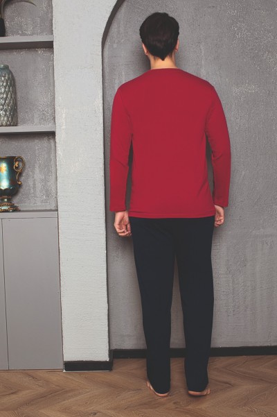 Erkek Cotton Bisiklet Yaka Önü Baskılı Pijama Takımı KIRMIZI-XL