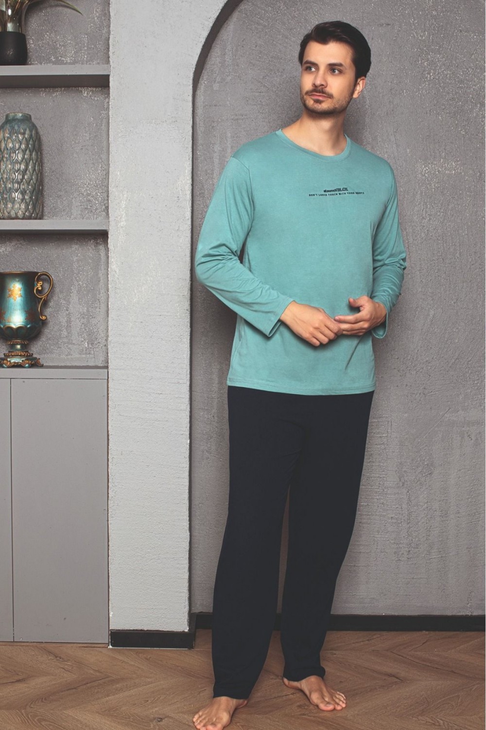 Erkek Cotton Bisiklet Yaka Önü Baskılı Pijama Takımı