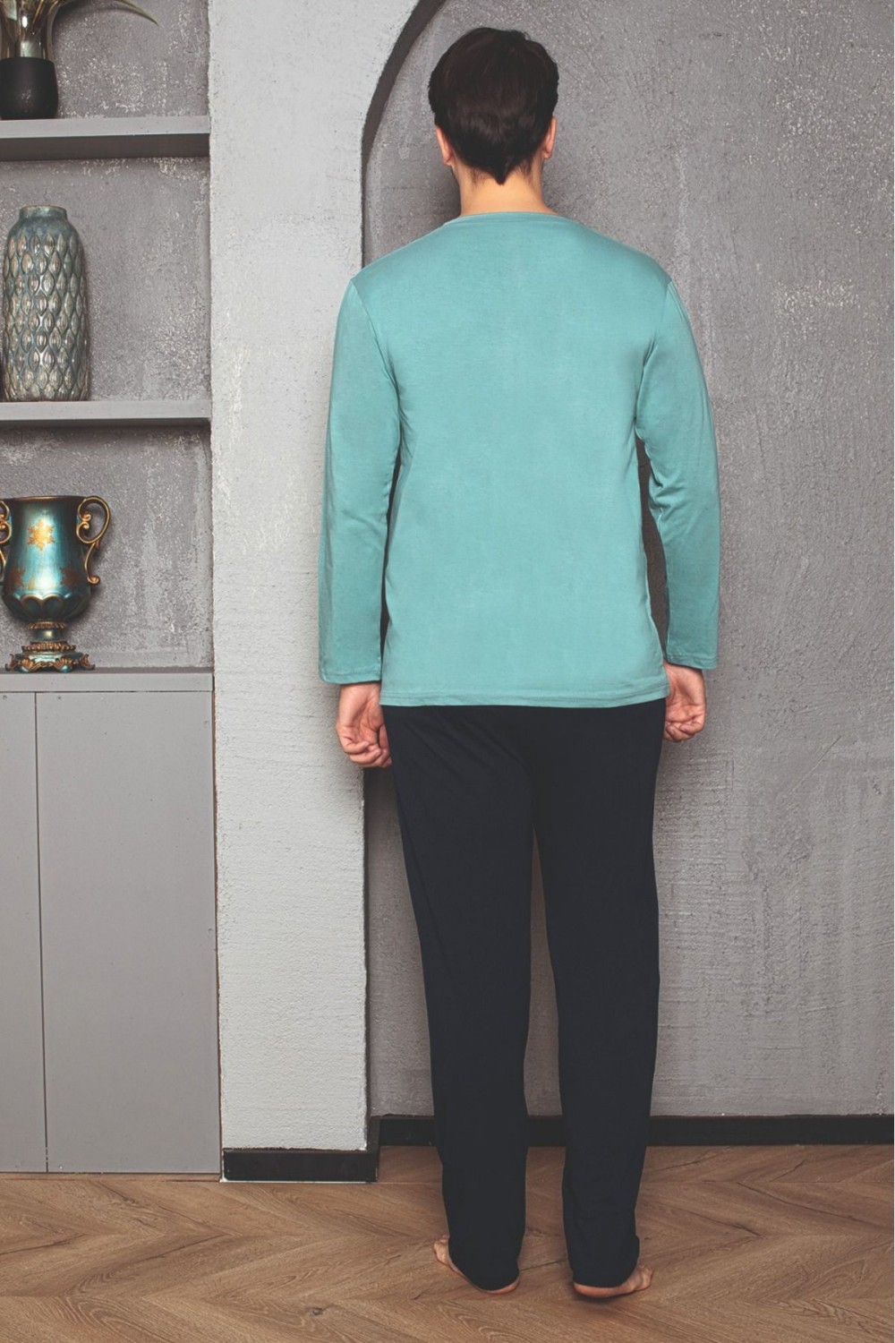 Erkek Cotton Bisiklet Yaka Önü Baskılı Pijama Takımı