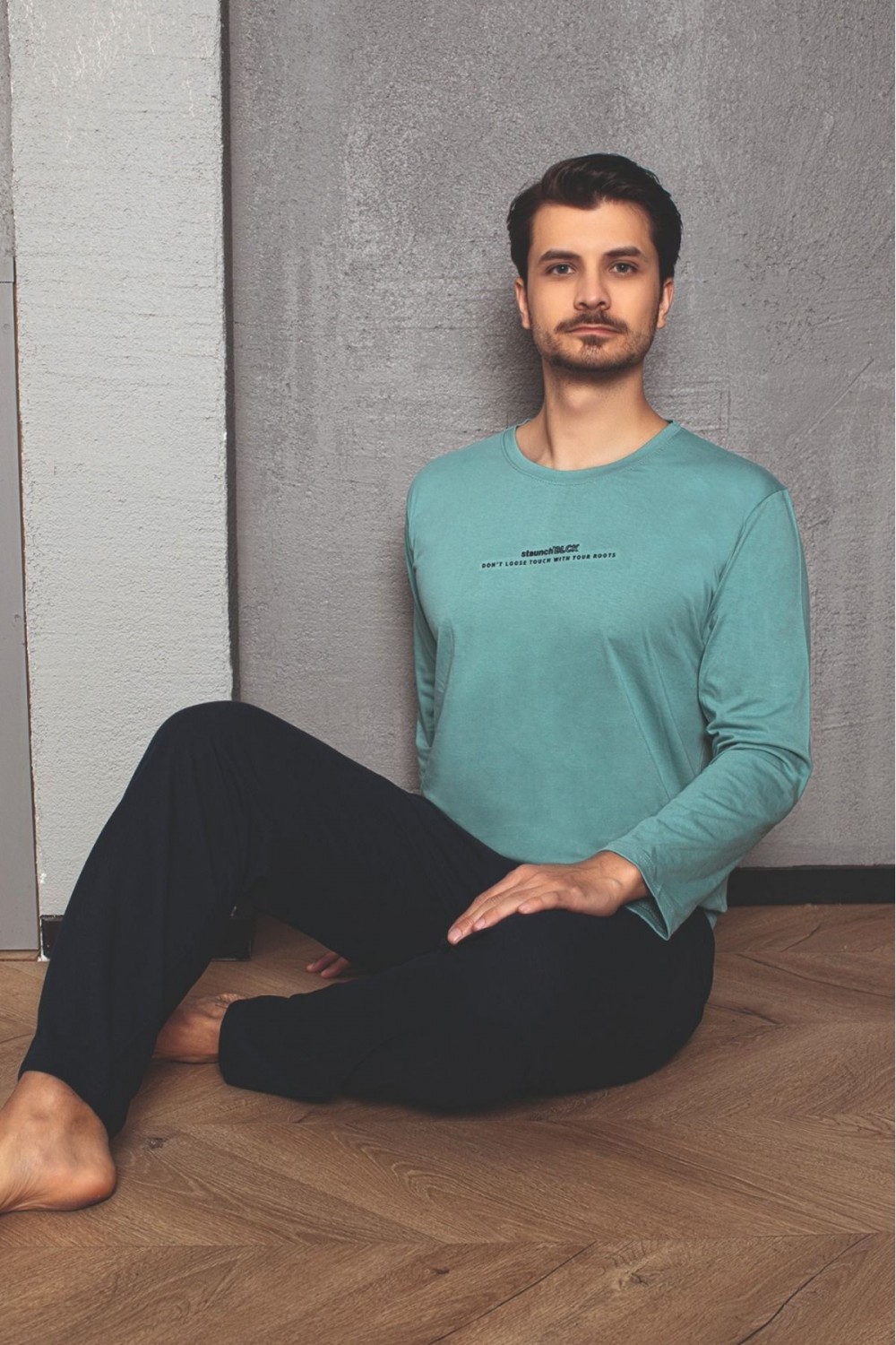 Erkek Cotton Bisiklet Yaka Önü Baskılı Pijama Takımı