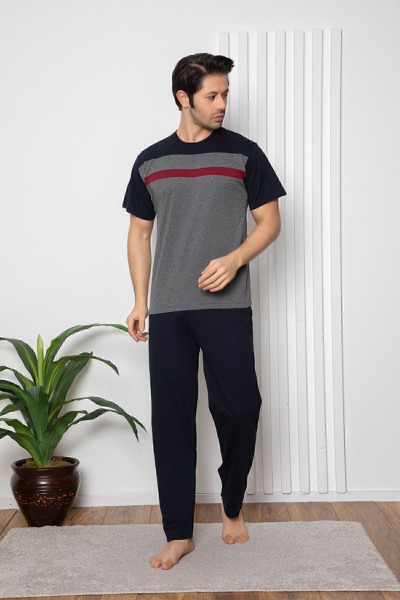 Erkek Füme Parçalı Kısa Kollu Altı Uzun Penye Örme Kumaş Yazlık Pijama Takımı Füme-XL
