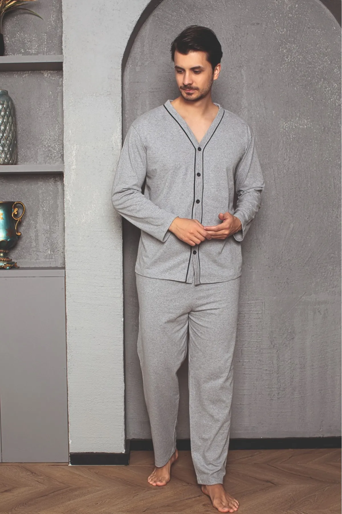 Erkek Gri Melanj Uzun Kollu Önden Düğmeli Süprem Kumaş Örme Pijama Takımı GRİ MELAJ-XL