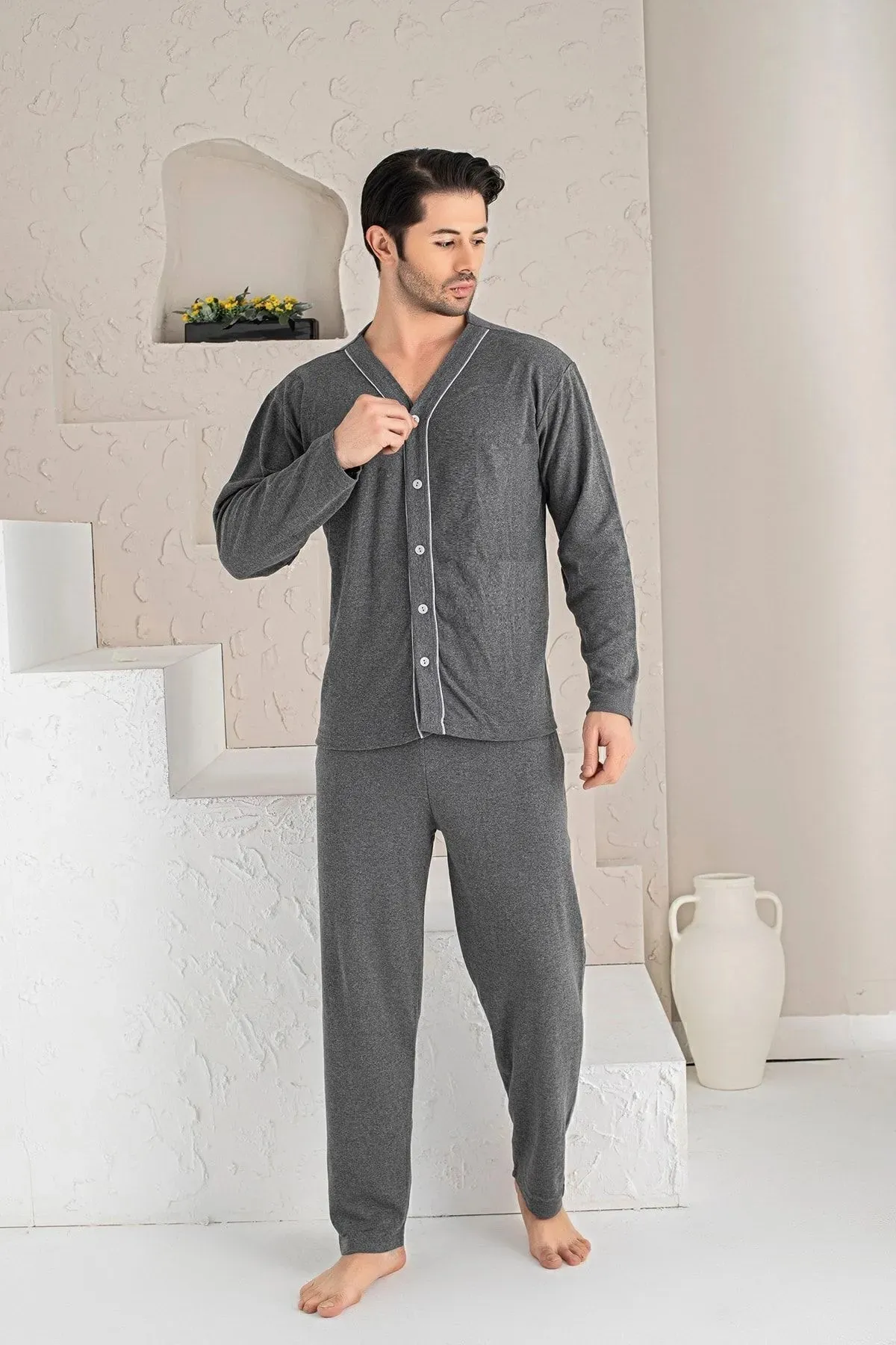Erkek Mavi Melanj Uzun Kollu Önden Düğmeli Süprem Kumaş Örme Pijama Takımı Füme-XL