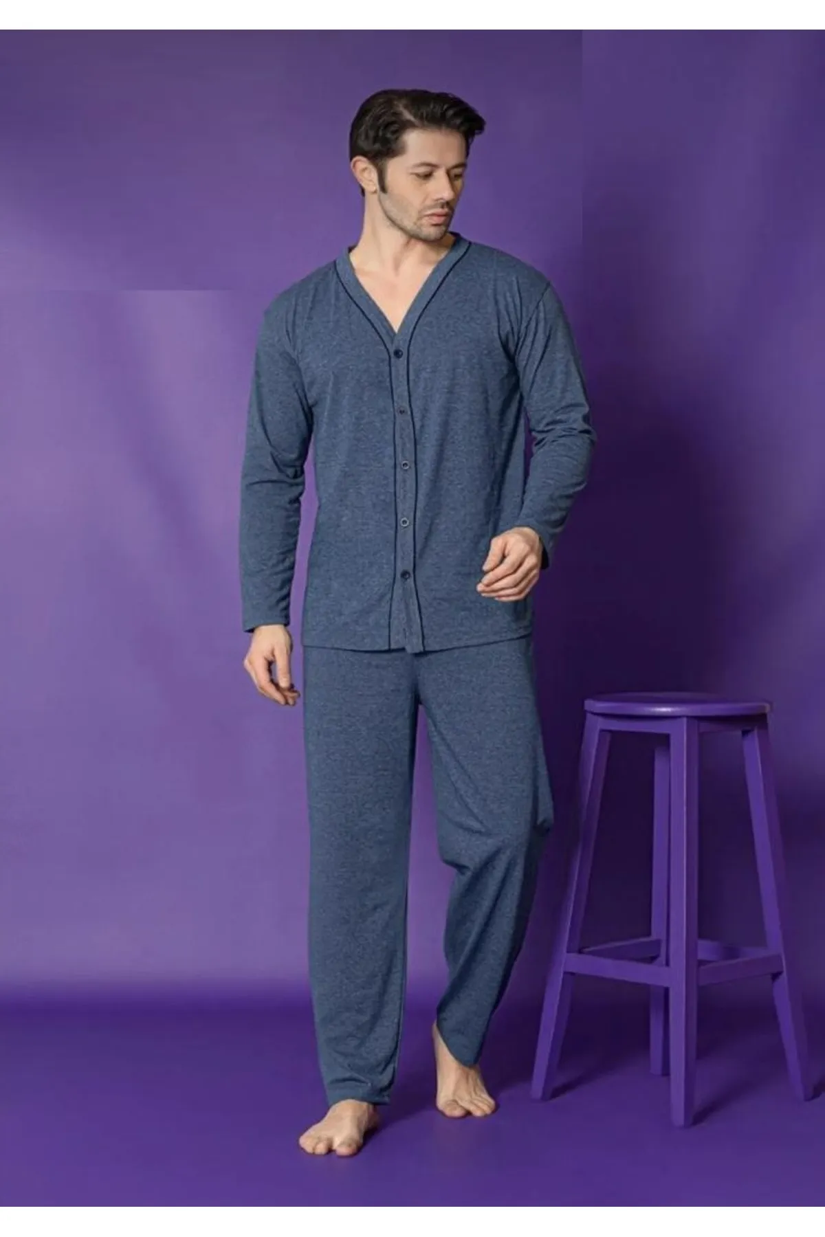 Erkek Mavi Melanj Uzun Kollu Önden Düğmeli Süprem Kumaş Örme Pijama Takımı Füme-XL