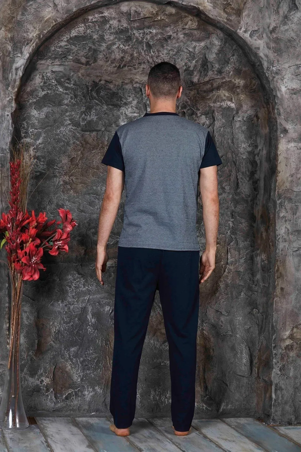 Erkek Parçalı Kısa Kollu Altı Uzun Penye Örme Kumaş Yazlık Pijama Takımı GRİ-2XL