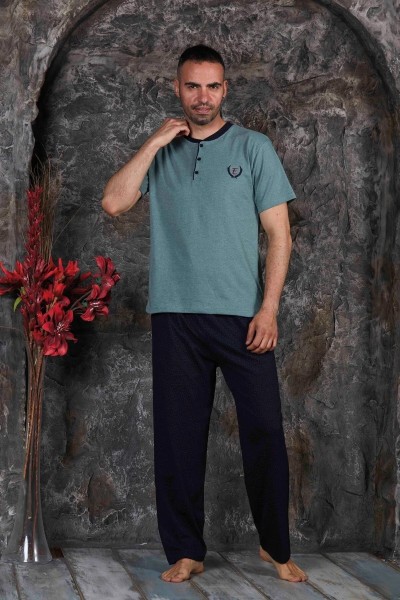 Erkek Parçalı Kısa Kollu Altı Uzun Penye Örme Kumaş Yazlık Pijama Takımı Yeşil-L