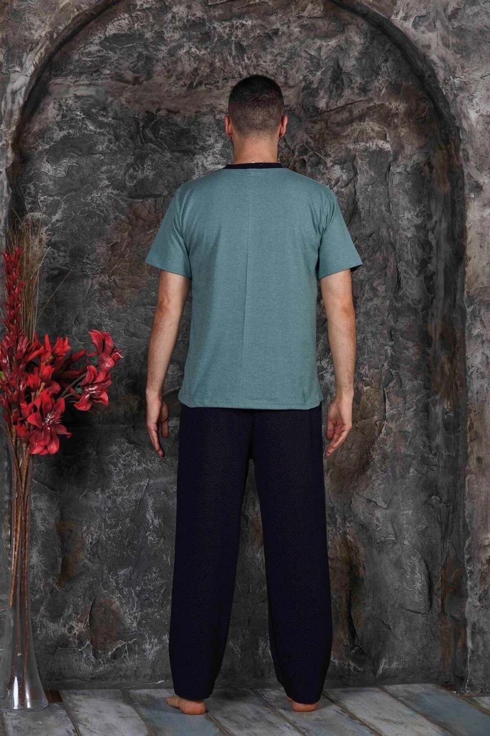 Erkek Parçalı Kısa Kollu Altı Uzun Penye Örme Kumaş Yazlık Pijama Takımı