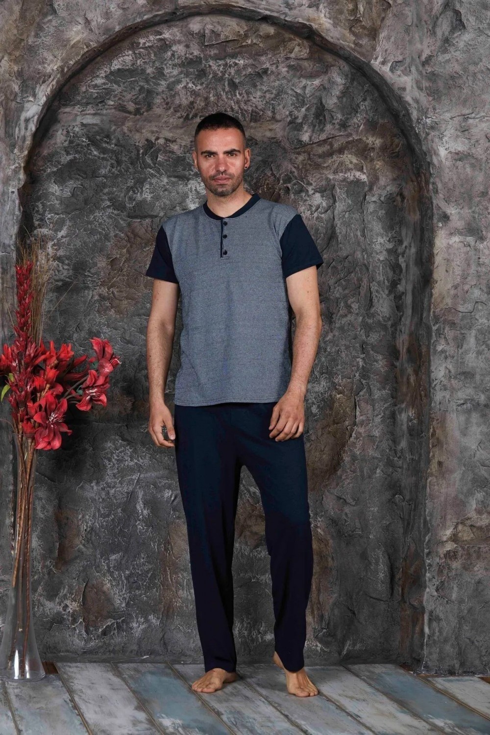 Erkek Parçalı Kısa Kollu Altı Uzun Penye Örme Kumaş Yazlık Pijama Takımı
