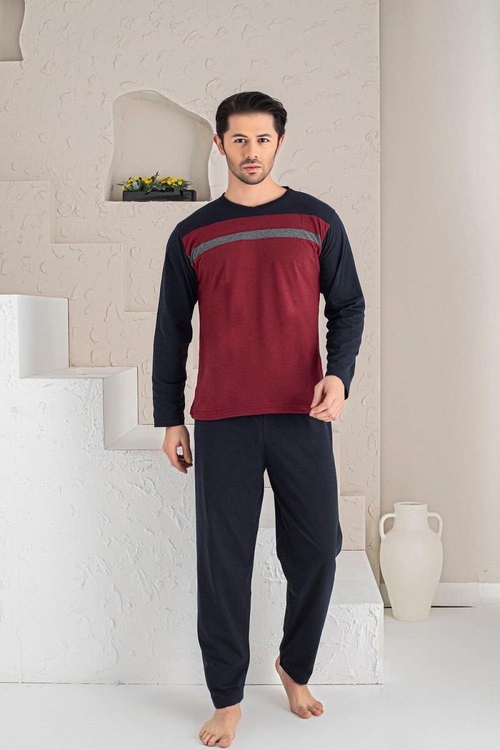 Erkek Parçalı Uzun Kollu Penye Kumaş Mevsimlik Pijama Takımı