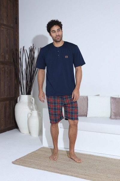 Erkek Penye Süprem Yarım Kol Şortlu Erkek Pijama Takımı LACİVERT-2XL