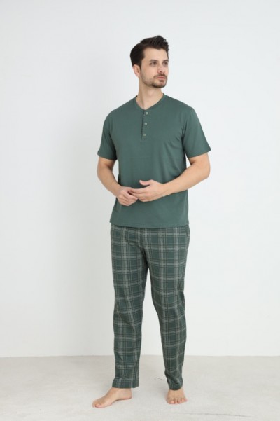 Erkek Sıfır Yaka Düğmeli Kısa Kol Cepli Yazlık Pijama Takımı %100 Pamuk HAKİ-XL
