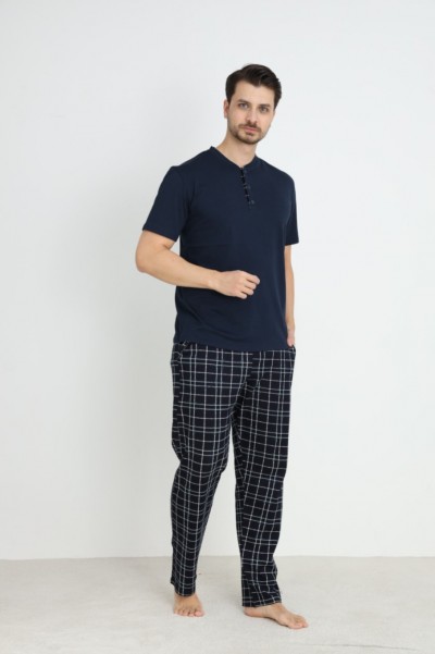 Erkek Sıfır Yaka Düğmeli Kısa Kol Cepli Yazlık Pijama Takımı %100 Pamuk GRİ-XL