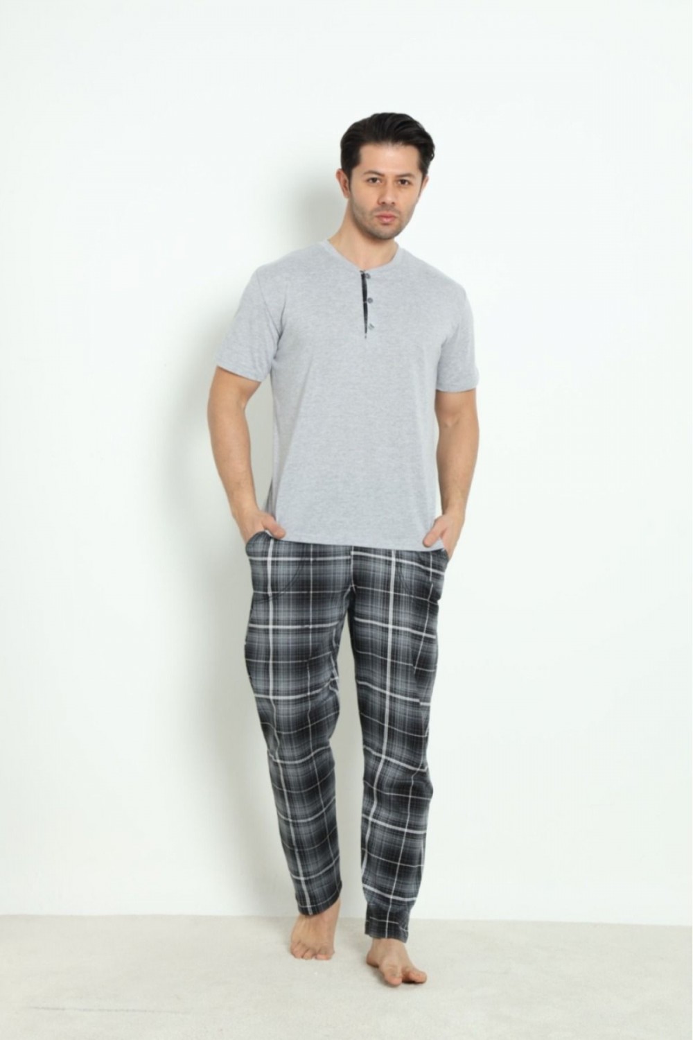 Erkek Sıfır Yaka Düğmeli Kısa Kol Cepli Yazlık Pijama Takımı %100 Pamuk