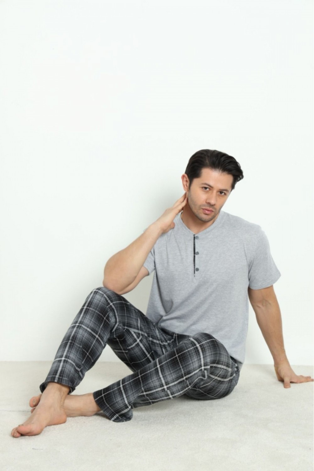 Erkek Sıfır Yaka Düğmeli Kısa Kol Cepli Yazlık Pijama Takımı %100 Pamuk