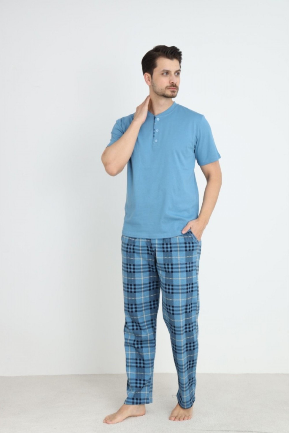 Erkek Sıfır Yaka Düğmeli Kısa Kol Cepli Yazlık Pijama Takımı %100 Pamuk