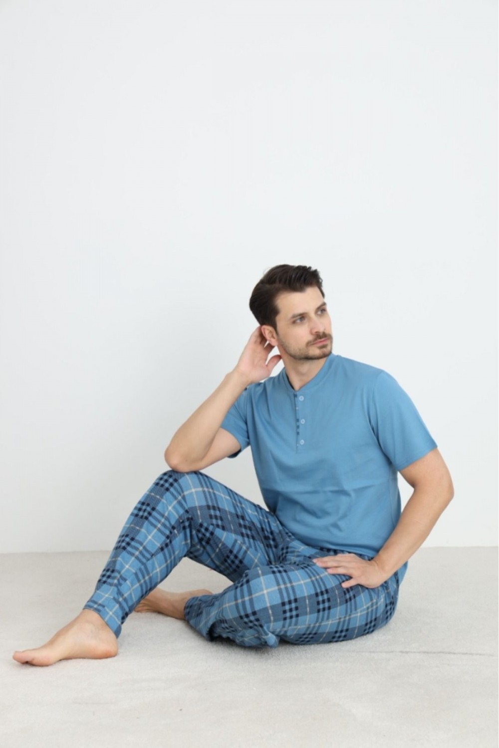 Erkek Sıfır Yaka Düğmeli Kısa Kol Cepli Yazlık Pijama Takımı %100 Pamuk