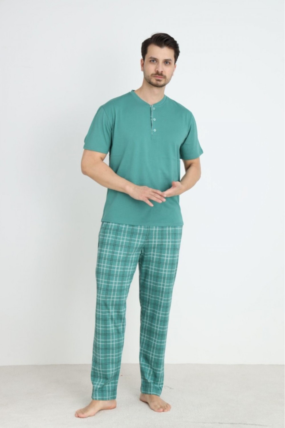 Erkek Sıfır Yaka Düğmeli Kısa Kol Cepli Yazlık Pijama Takımı %100 Pamuk